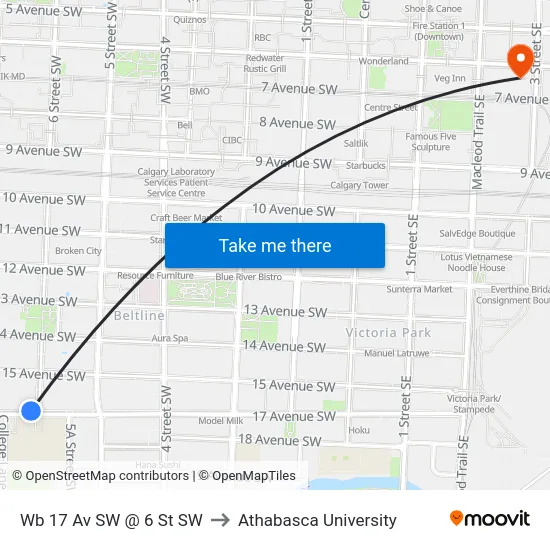 Wb 17 Av SW @ 6 St SW to Athabasca University map