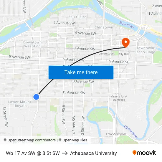 Wb 17 Av SW @ 8 St SW to Athabasca University map