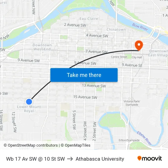 Wb 17 Av SW @ 10 St SW to Athabasca University map