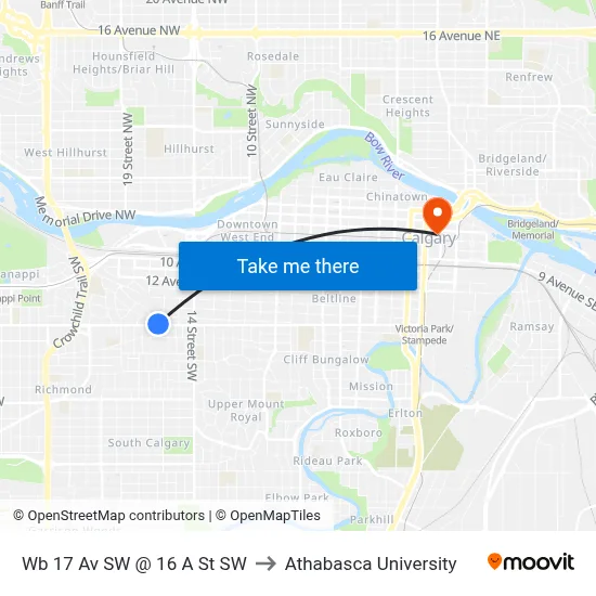 Wb 17 Av SW @ 16 A St SW to Athabasca University map