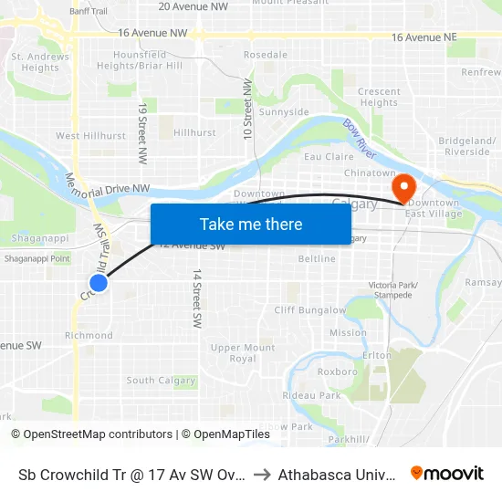 Sb Crowchild Tr @ 17 Av SW Overpass to Athabasca University map