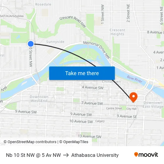 Nb 10 St NW @ 5 Av NW to Athabasca University map