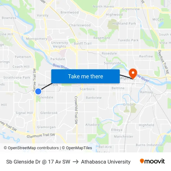 Sb Glenside Dr @ 17 Av SW to Athabasca University map