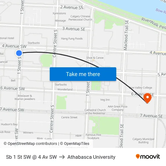 Sb 1 St SW @ 4 Av SW to Athabasca University map