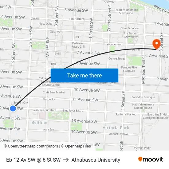 Eb 12 Av SW @ 6 St SW to Athabasca University map