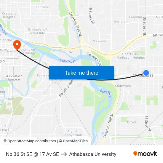 Nb 36 St SE @ 17 Av SE to Athabasca University map