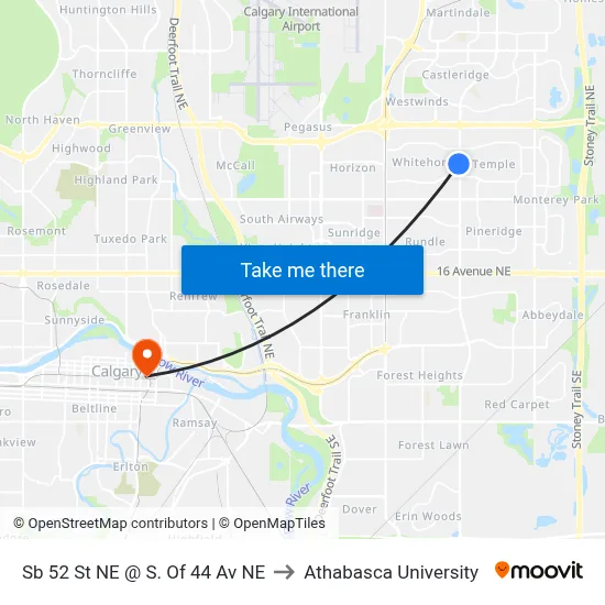 Sb 52 St NE @ S. Of 44 Av NE to Athabasca University map