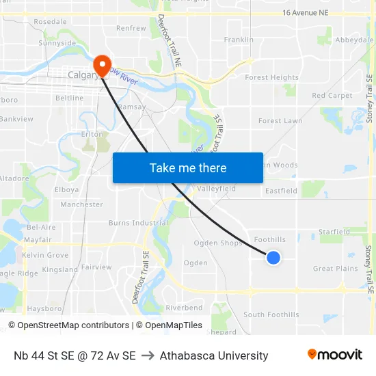 Nb 44 St SE @ 72 Av SE to Athabasca University map