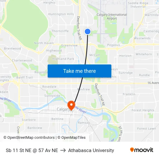 Sb 11 St NE @ 57 Av NE to Athabasca University map