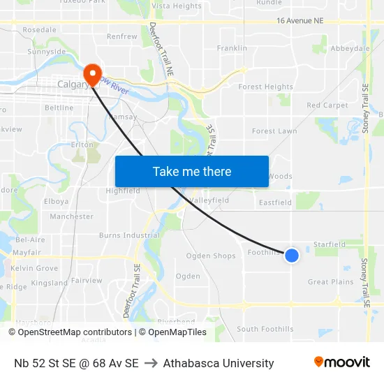 Nb 52 St SE @ 68 Av SE to Athabasca University map