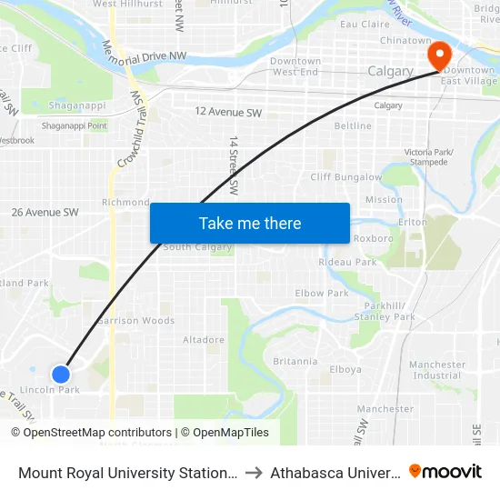 Mount Royal University Station (Sb) to Athabasca University map