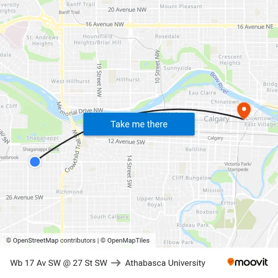 Wb 17 Av SW @ 27 St SW to Athabasca University map