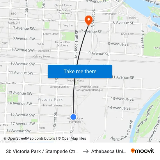 Sb Victoria Park / Stampede Ctrain Station to Athabasca University map