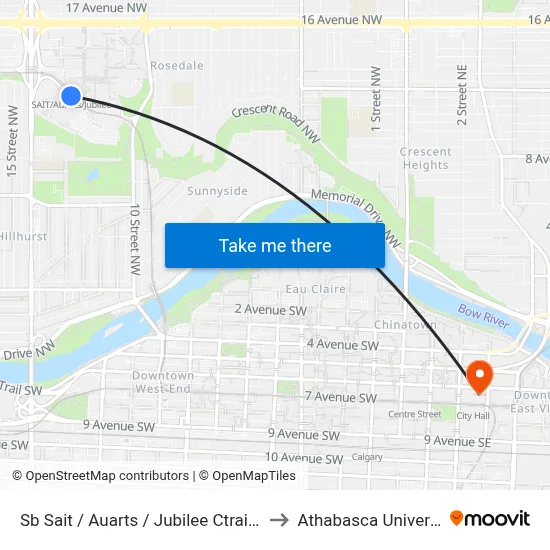 Sb Sait / Auarts / Jubilee Ctrain Stn to Athabasca University map