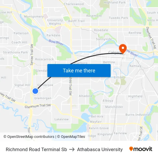 Richmond Road Terminal Sb to Athabasca University map