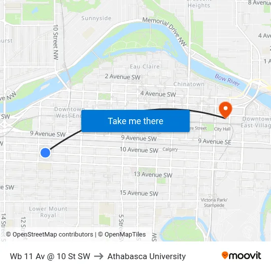 Wb 11 Av @ 10 St SW to Athabasca University map