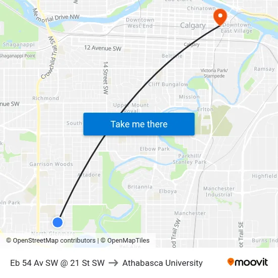 Eb 54 Av SW @ 21 St SW to Athabasca University map