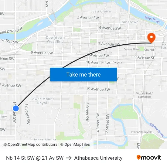 Nb 14 St SW @ 21 Av SW to Athabasca University map