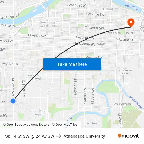 Sb 14 St SW @ 24 Av SW to Athabasca University map