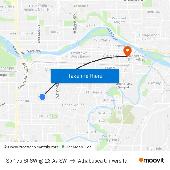 Sb 17a St SW @ 23 Av SW to Athabasca University map