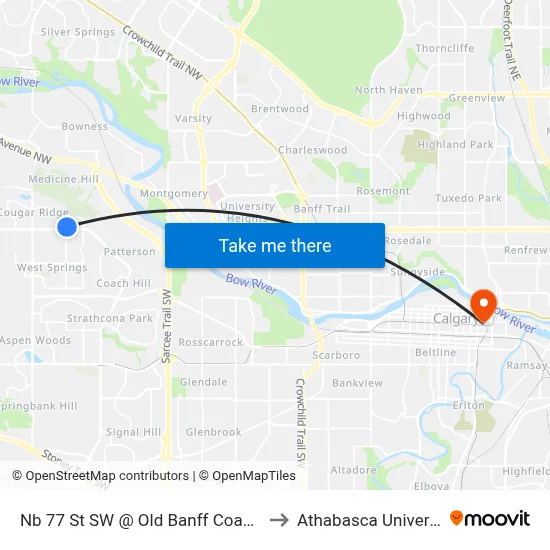 Nb 77 St SW @ Old Banff Coach Rd to Athabasca University map