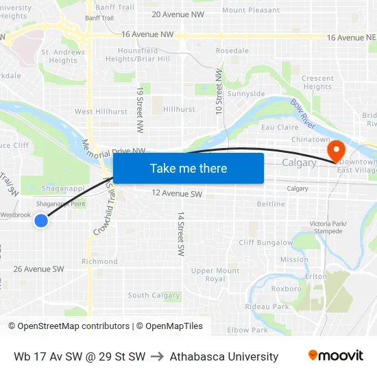 Wb 17 Av SW @ 29 St SW to Athabasca University map