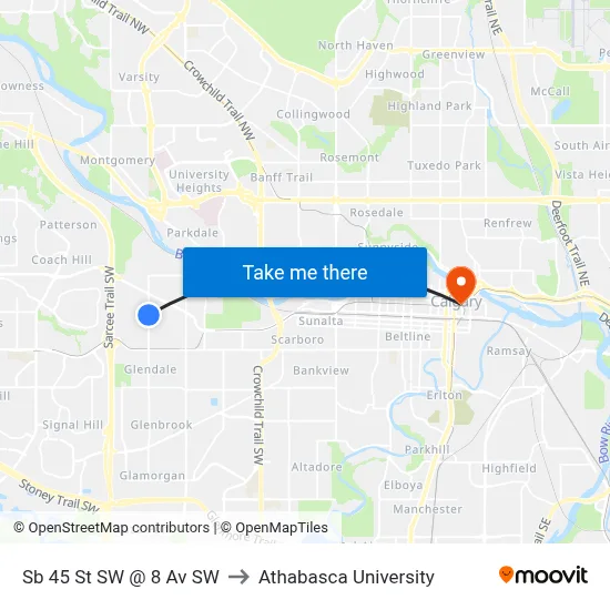 Sb 45 St SW @ 8 Av SW to Athabasca University map
