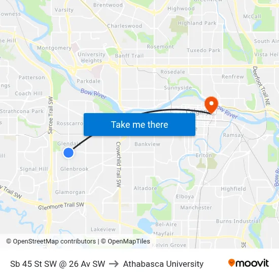 Sb 45 St SW @ 26 Av SW to Athabasca University map