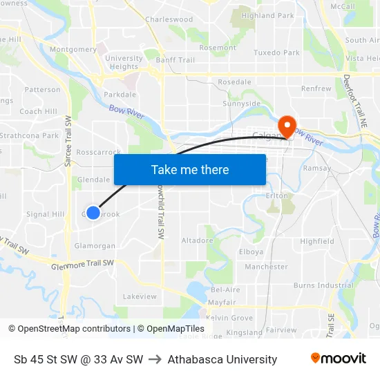 Sb 45 St SW @ 33 Av SW to Athabasca University map