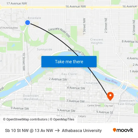 Sb 10 St NW @ 13 Av NW to Athabasca University map