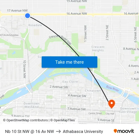 Nb 10 St NW @ 16 Av NW to Athabasca University map
