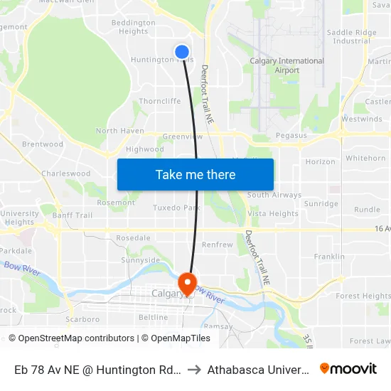 Eb 78 Av NE @ Huntington Rd NE to Athabasca University map