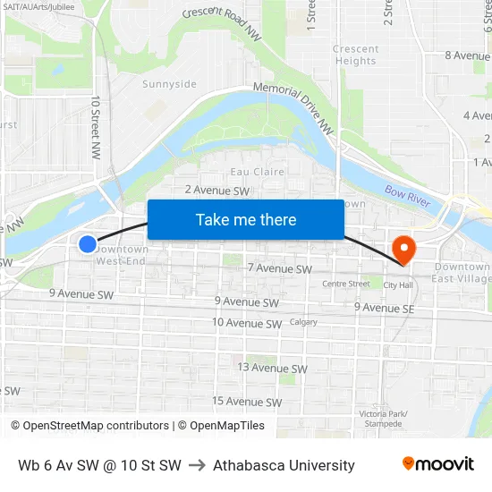 Wb 6 Av SW @ 10 St SW to Athabasca University map