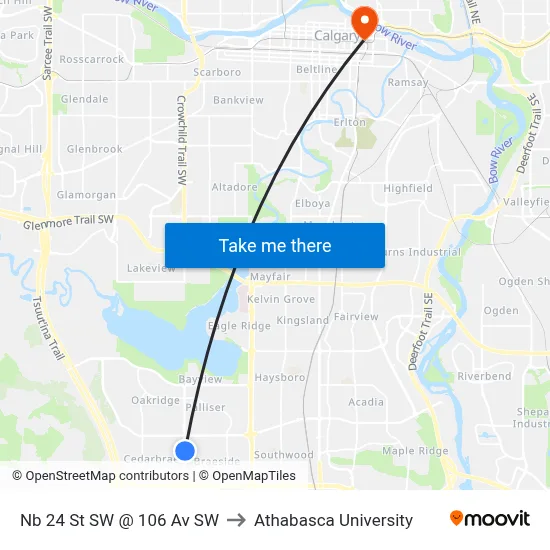 Nb 24 St SW @ 106 Av SW to Athabasca University map
