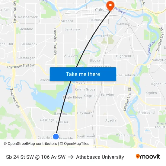 Sb 24 St SW @ 106 Av SW to Athabasca University map