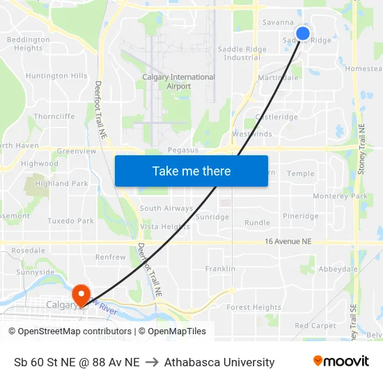 Sb 60 St NE @ 88 Av NE to Athabasca University map