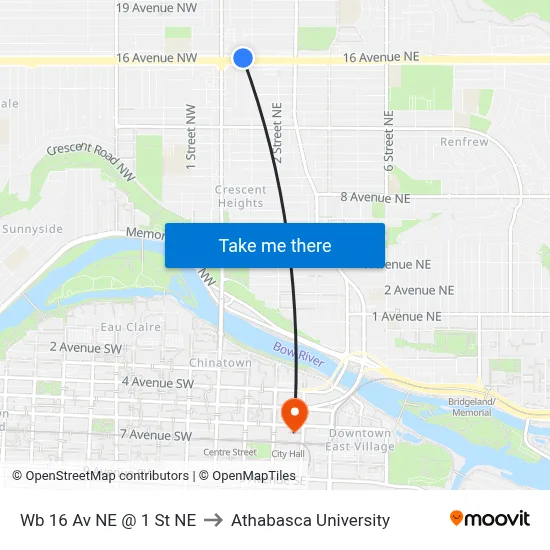 Wb 16 Av NE @ 1 St NE to Athabasca University map