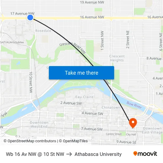 Wb 16 Av NW @ 10 St NW to Athabasca University map