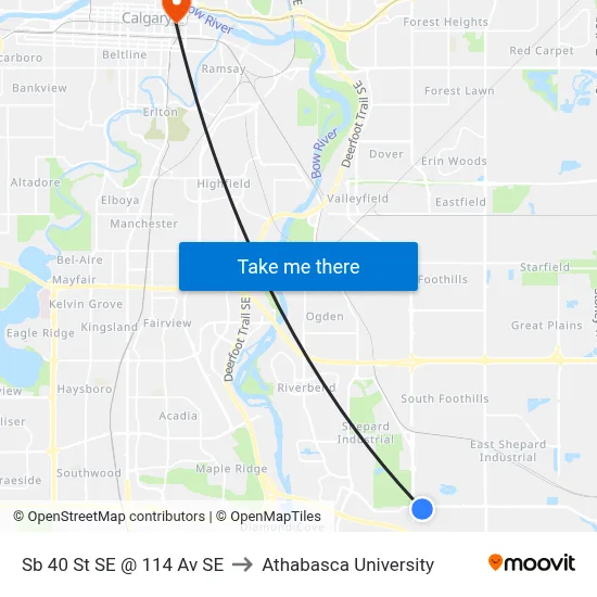 Sb 40 St SE @ 114 Av SE to Athabasca University map