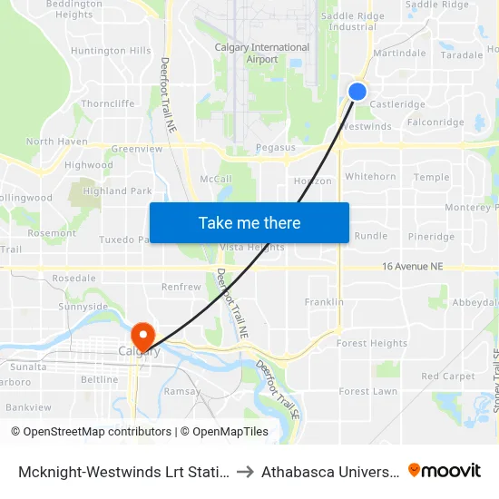 Mcknight-Westwinds Lrt Station to Athabasca University map