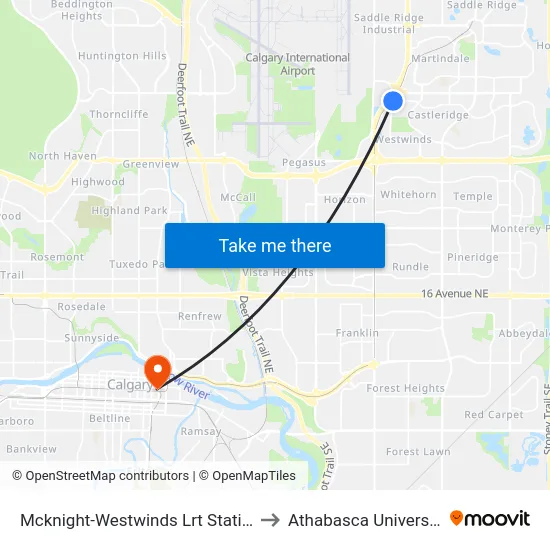 Mcknight-Westwinds Lrt Station to Athabasca University map
