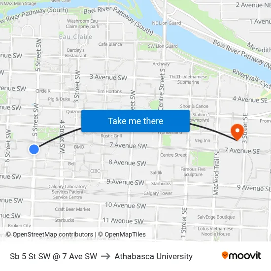 Sb 5 St SW @ 7 Ave SW to Athabasca University map