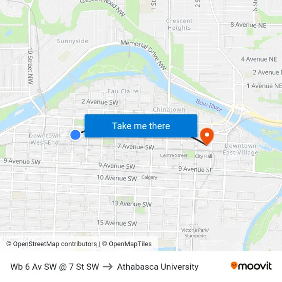 Wb 6 Av SW @ 7 St SW to Athabasca University map