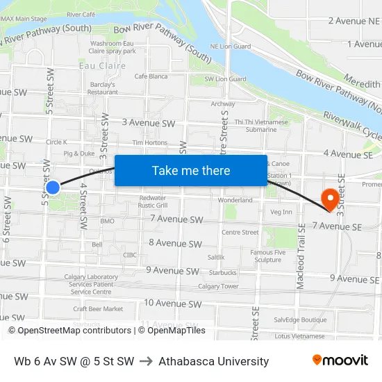 Wb 6 Av SW @ 5 St SW to Athabasca University map