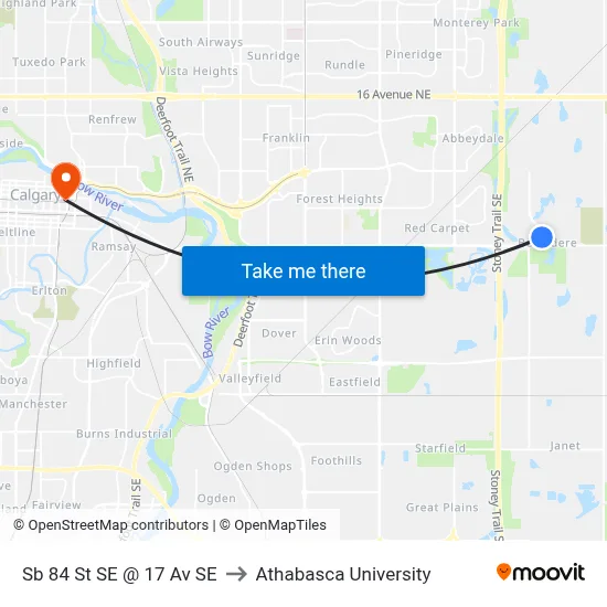 Sb 84 St SE @ 17 Av SE to Athabasca University map