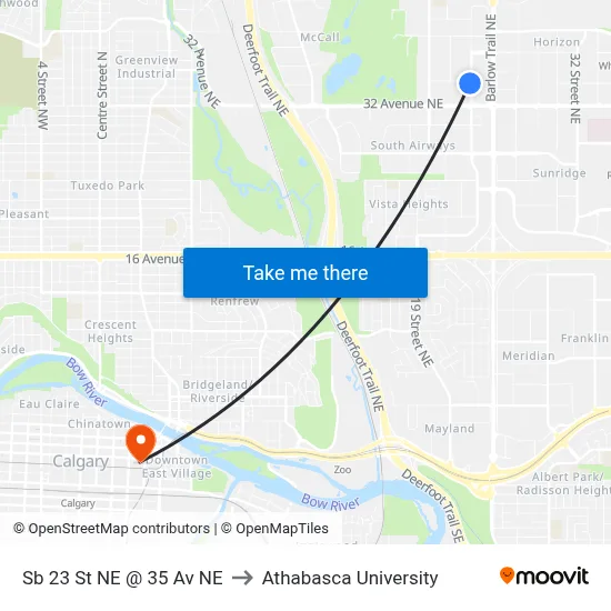 Sb 23 St NE @ 35 Av NE to Athabasca University map