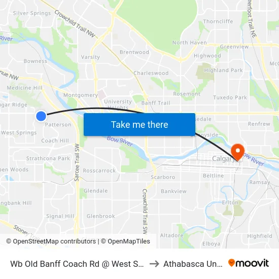 Wb Old Banff Coach Rd @ West Springs Ga SW to Athabasca University map