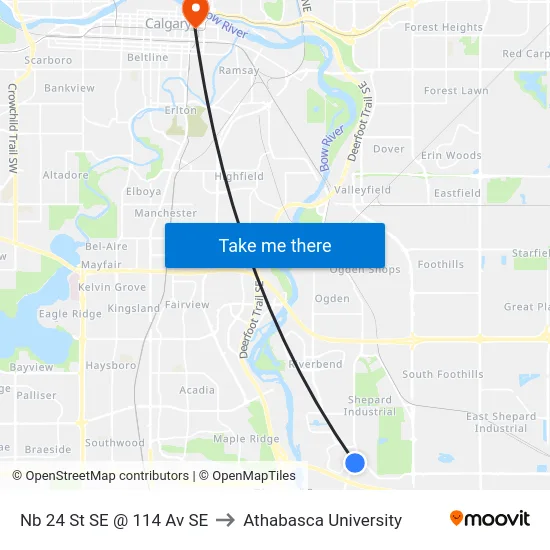Nb 24 St SE @ 114 Av SE to Athabasca University map
