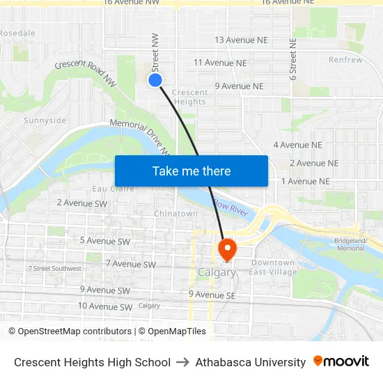 Crescent Heights High School to Athabasca University map