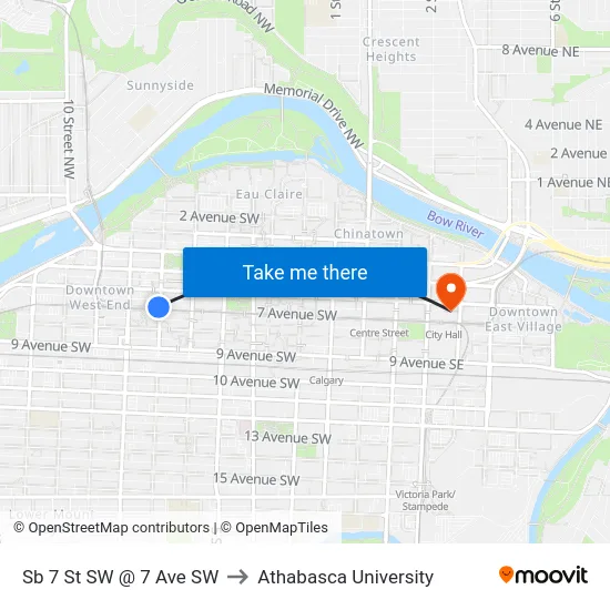 Sb 7 St SW @ 7 Ave SW to Athabasca University map